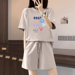 跑步两件套 t恤短裤 外贸清仓出口100%纯棉休闲运动服套装 女夏短袖