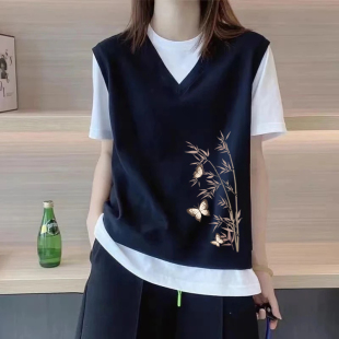外贸出口清仓100%纯棉假两件v领短袖 气质显瘦减龄上衣 t恤女士夏季