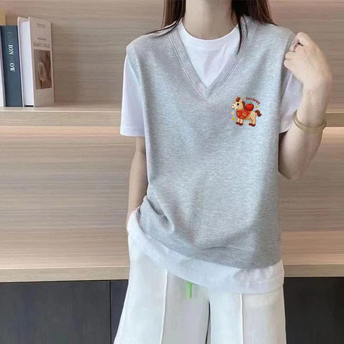 夏季新款假两件短袖T恤女