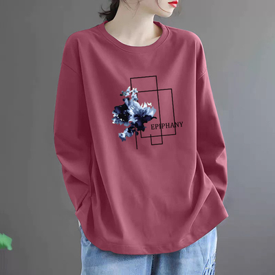 100%纯棉圆领印花长袖T恤女