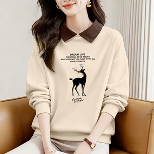 品牌折扣清仓纯棉长袖卫衣女秋冬文艺宽松大码显瘦POLO领显瘦上衣