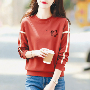 上衣打底衫 拼色纯棉印花卫衣女秋冬文艺圆领长袖 时尚 外贸出口女装