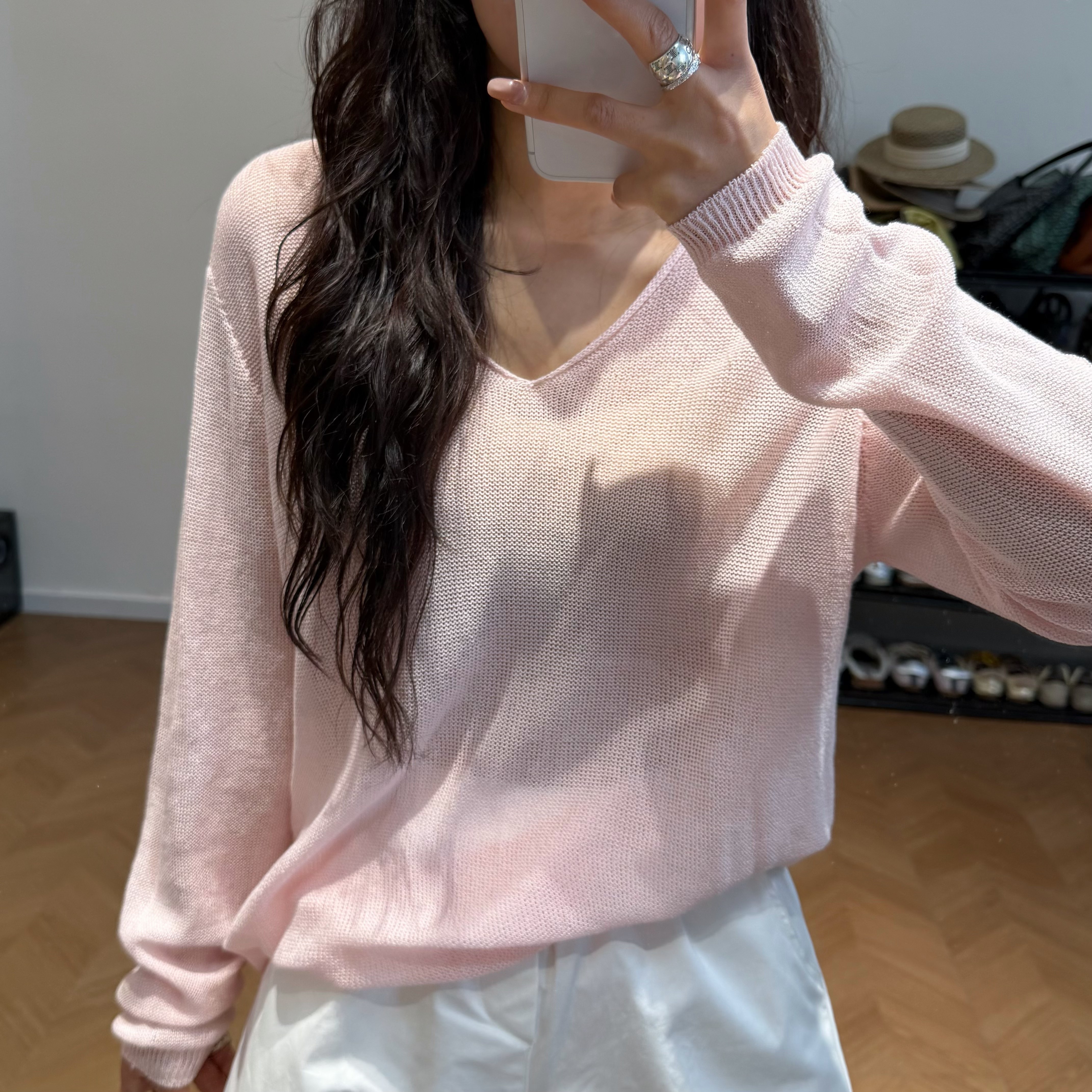 【柳条儿】慵懒风垂感V领罩衫 蕉麻和纸纱极简蝙蝠袖宽松上衣