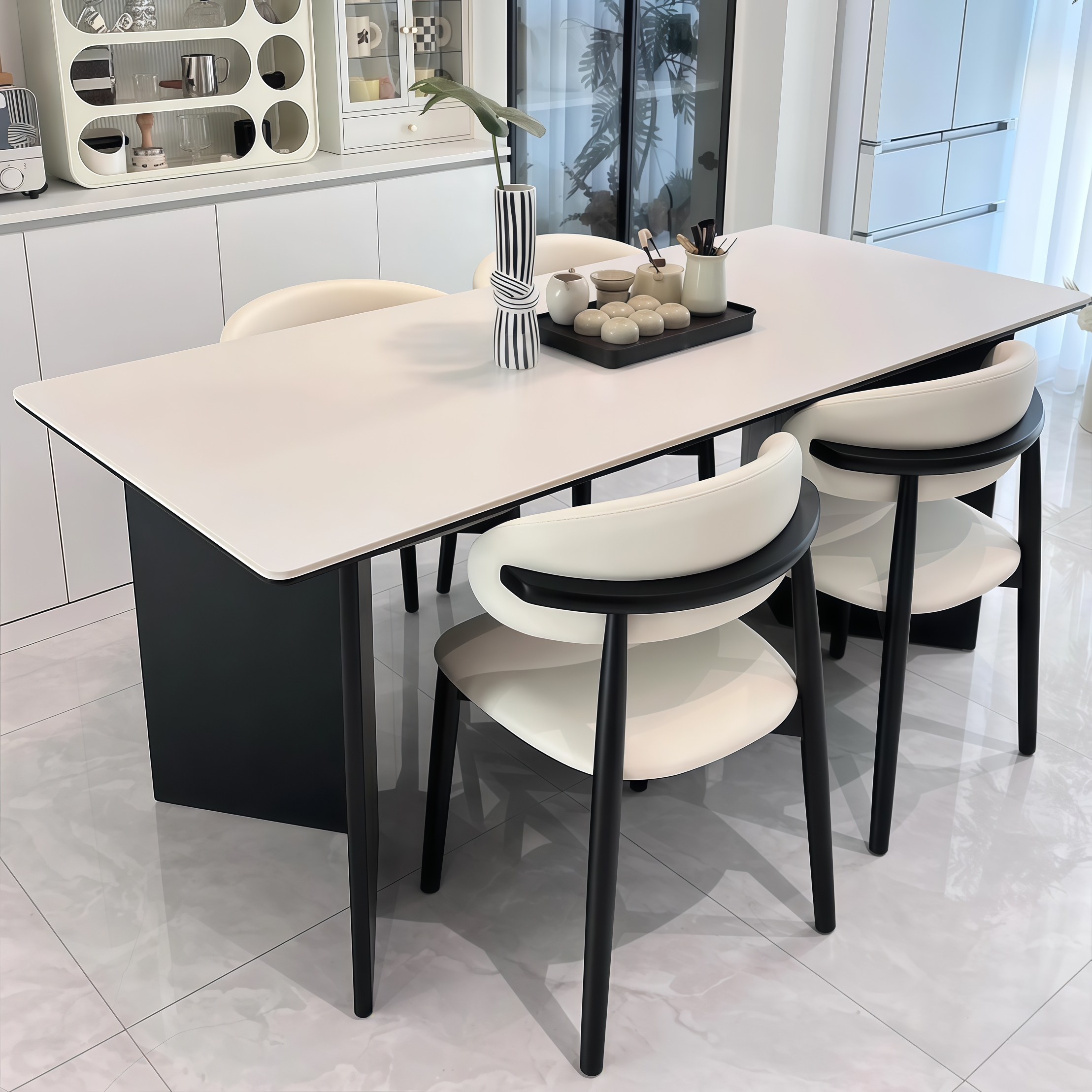 现代简约实木岩板餐桌椅组合家用长方形吃饭桌子法式小户型白餐桌,住宅家具,实木餐桌,淘宝优惠券,粉丝福利购,淘宝优惠卷