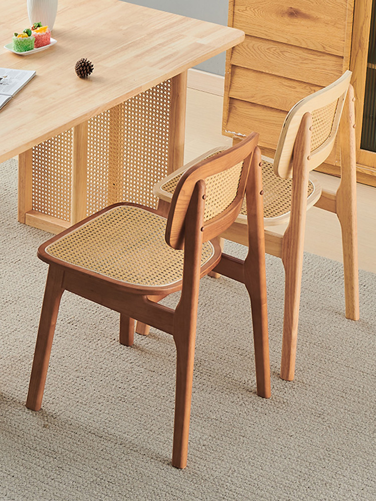 北欧风实木餐椅家用简约日式原木餐桌椅酒店凳子实木靠背藤编椅子