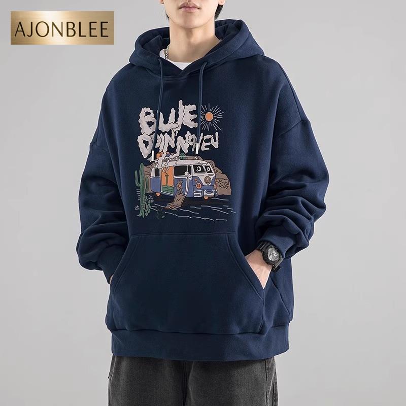 美式潮牌复古重磅纯棉青少年卡通加绒加厚连帽卫衣男生春秋冬外套