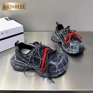 炸街网面真皮厚底增高系带运动老爹鞋 女2025秋新百搭做旧脏脏鞋