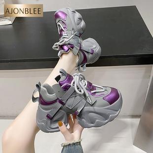 真皮增高8cm老爹鞋女款2025春秋新款厚底松糕女鞋透气休闲运动鞋