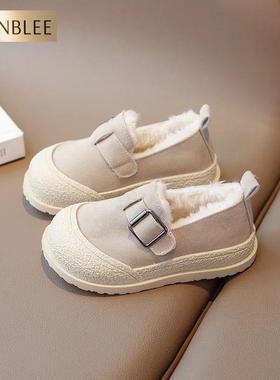 儿童2024新款冬季软底防滑Boken皮革和天鹅绒豆豆鞋的男孩和女孩