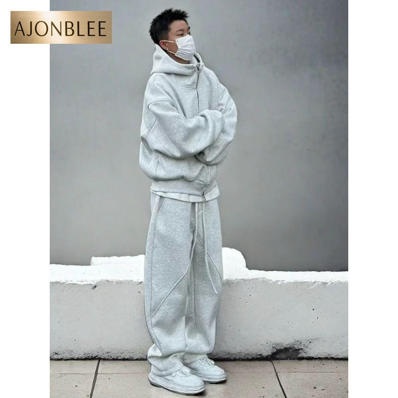 冬季纯色加绒休闲男女套装外套宽松卫衣两件套连帽运动情侣直筒裤