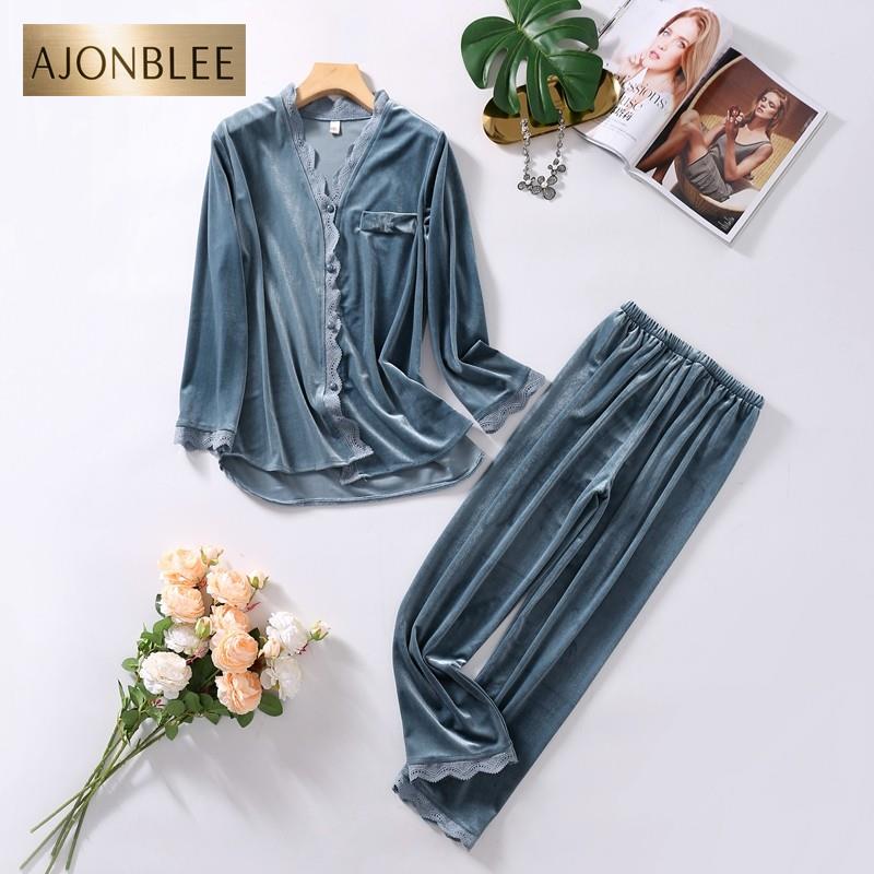 金丝绒睡衣女春秋长袖长裤性感薄款蕾丝两件套装家居服秋冬可外穿