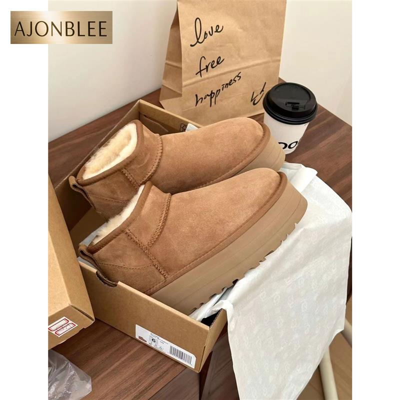 厚底雪地靴女2024新款冬季皮毛一体短筒雪地棉加绒加厚外穿棉鞋女