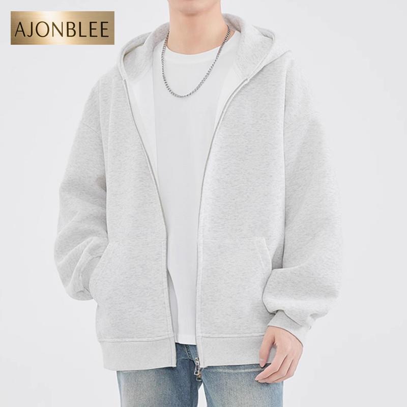 美式复古潮牌开衫休闲运动连帽夹克外套男士秋冬重磅纯棉纯色卫衣