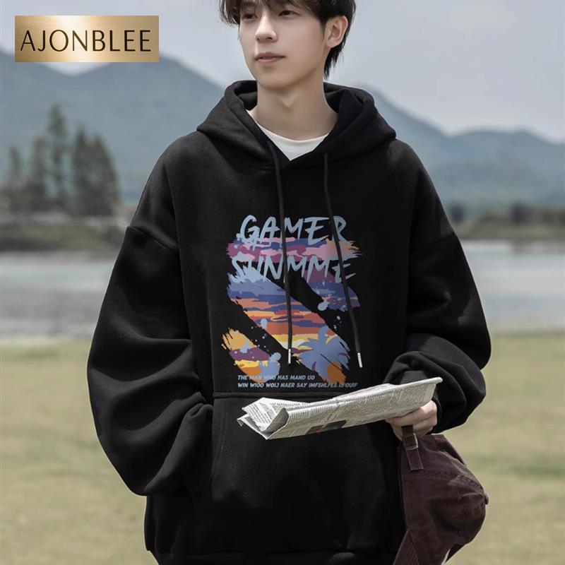 纯棉重磅美式潮牌日系连帽加绒卫衣男秋冬涂鸦外套学生青少年潮流