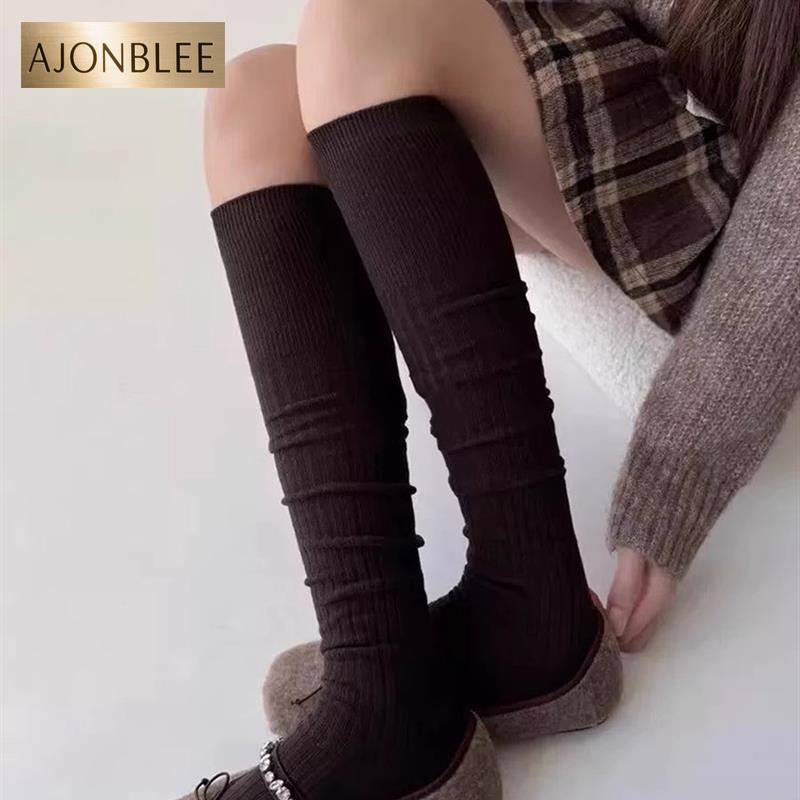 春秋小腿袜miu风百搭显瘦竖条纹纯色堆堆袜长筒袜过膝袜