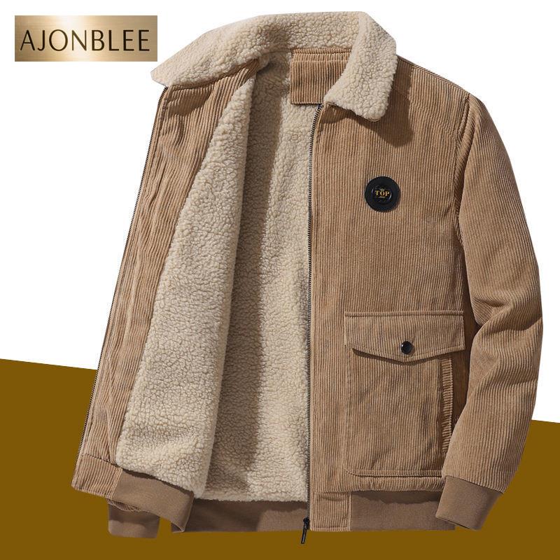 羊羔绒加绒加厚外穿休闲翻领多口袋冬季拉链中年灯芯绒棉衣男外套