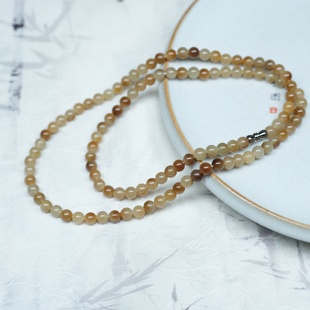 金边玫瑰。新疆且末料和田玉俏金咖蜜糖6毫米108颗多圈手项链女