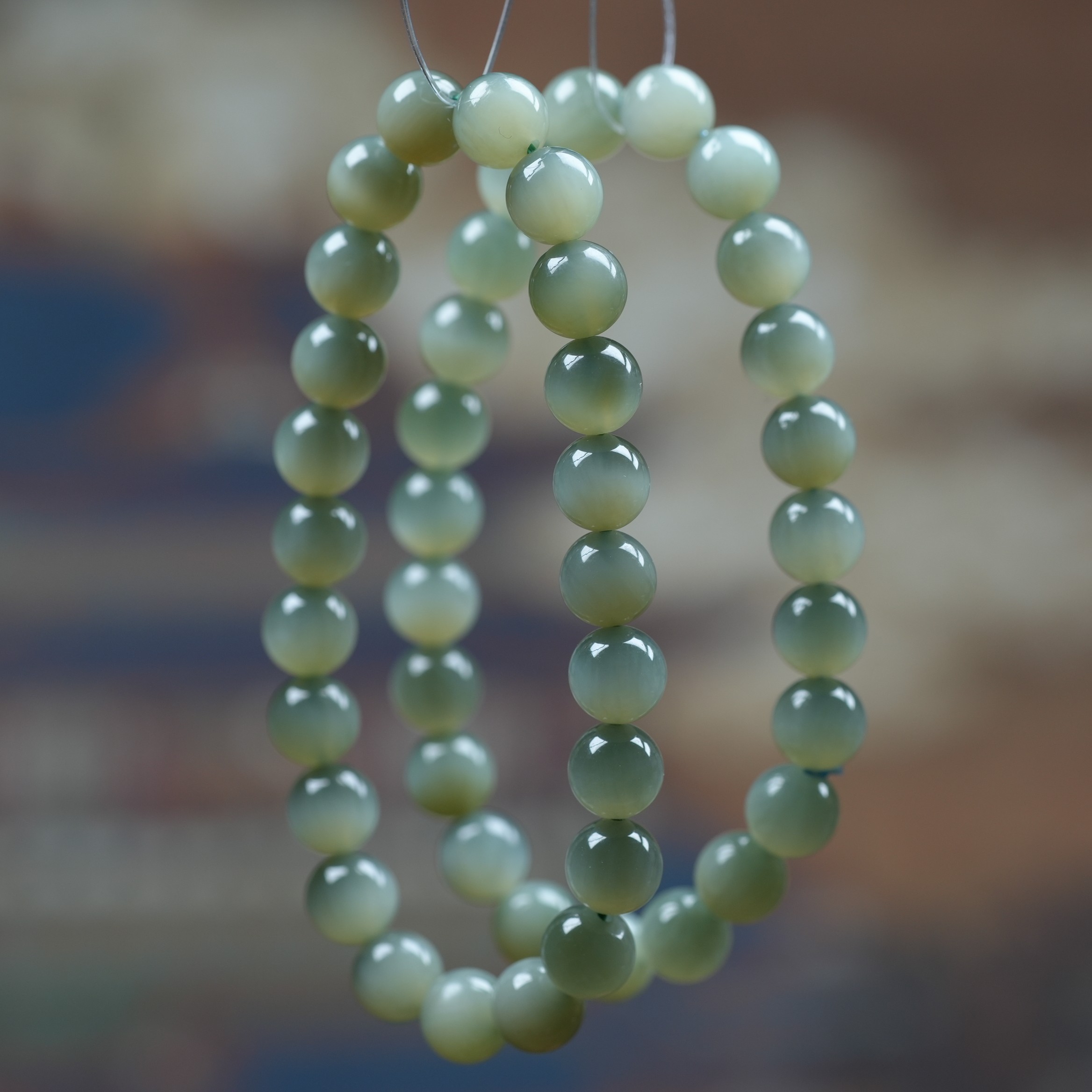 天青色等烟雨。俄碧玉活猫眼粉青8毫米圆珠手链