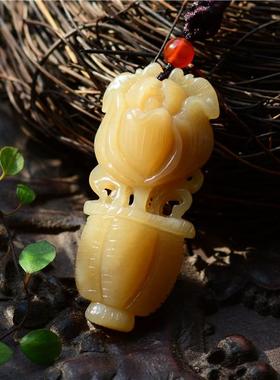 优质俄糖。天然老俄料和田玉满糖花篮吊坠  配证书 48217