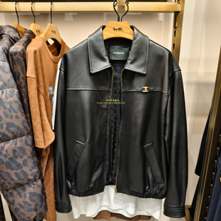 香港coach蔻驰新款女士皮衣外套HERITAGE C PLAQUE宽大型皮革夹克