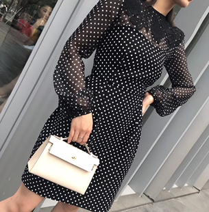 真丝拼丝毛连衣裙透视衣领衣袖 美显瘦优雅气质热卖