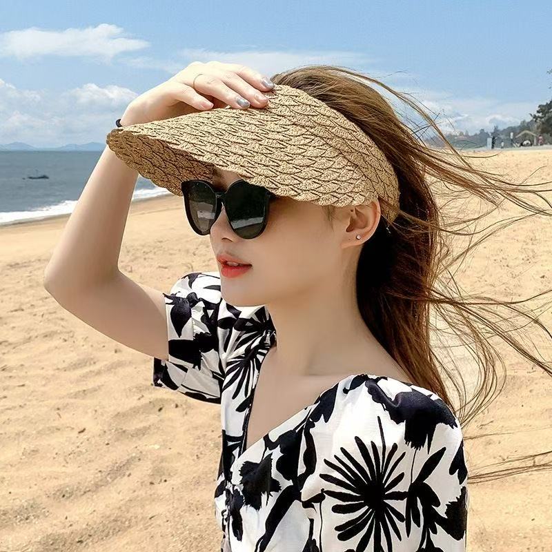夏季女款草帽空顶发箍防晒帽子遮阳防紫外线沙滩显脸小太阳帽