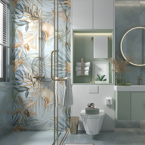 卫生间马桶背景墙瓷砖轻奢拼花客厅玄关浴室北欧植物防滑地板砖