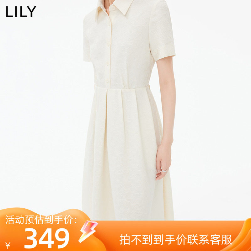LILY氧气感提花白色衬衫连衣裙女2023秋装新款女收腰显瘦休闲裙子