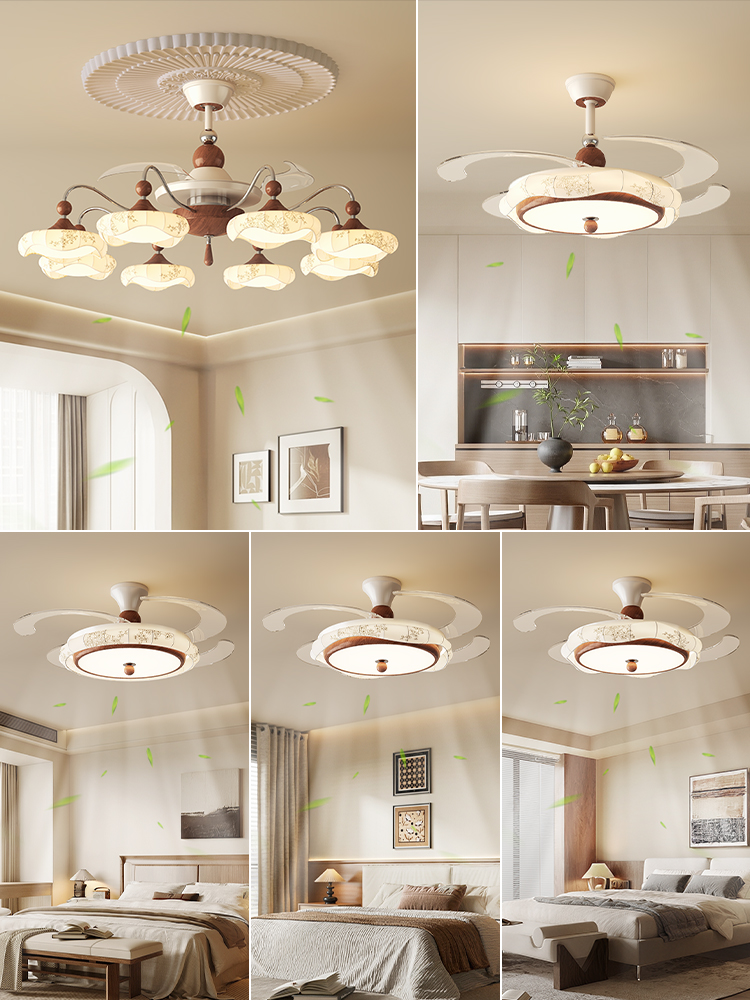 QINGYAO清瑶 宋式美学风扇灯客厅卧室书房布艺印花覆古餐厅吊扇灯