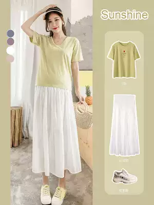 Pregnant women's skirt spring summer pregnant women's skirt medium and long version of half skirt pleated skirt belly skirt chiffon long skirt summer dress