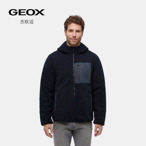 GEOX杰欧适秋冬款男士舒适连帽拉链时尚抓绒衣