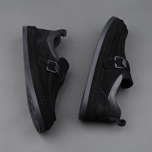 春秋简约休闲鞋男韩版潮流百搭舒适真皮一脚套皮鞋黑色高端乐福鞋