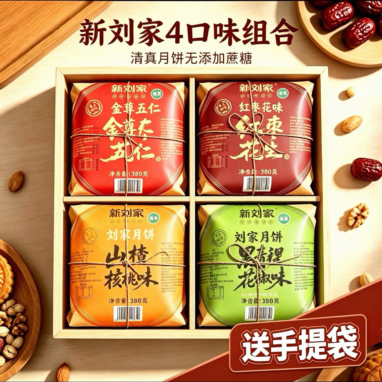清真新刘家多口味无蔗糖大月饼纸包老式五仁月饼组合月饼380克/包