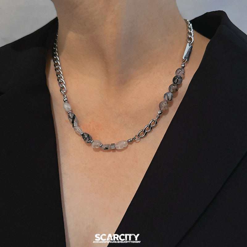 天然石串珠男士项链男款钛钢男生锁骨链潮牌百搭高级感轻奢配饰女