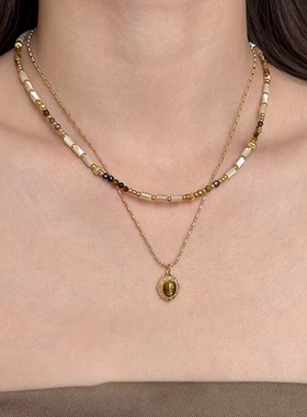 天然石虎眼石吊坠项链锁骨链女款叠戴复古设计感高级感小众精致感