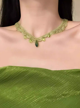 2026年新款春夏绿色蕾丝串珠项链多层叠戴锁骨链颈链百搭配饰女