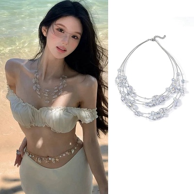 海岛度假风！超仙水钻多层串珠项链女轻奢小众气质锁骨链海边配饰