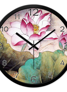 MOMEN/摩门挂表中国风荷花挂钟客厅创意卧室静音时钟石英钟表圆形