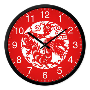 摩门挂钟十二生肖中式中国风红色剪纸艺术客厅静音时钟石英钟表