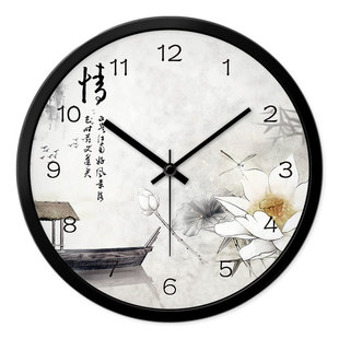 摩门挂钟茶艺居茶馆书房中国风中式挂表客厅创意静音时钟钟表国画