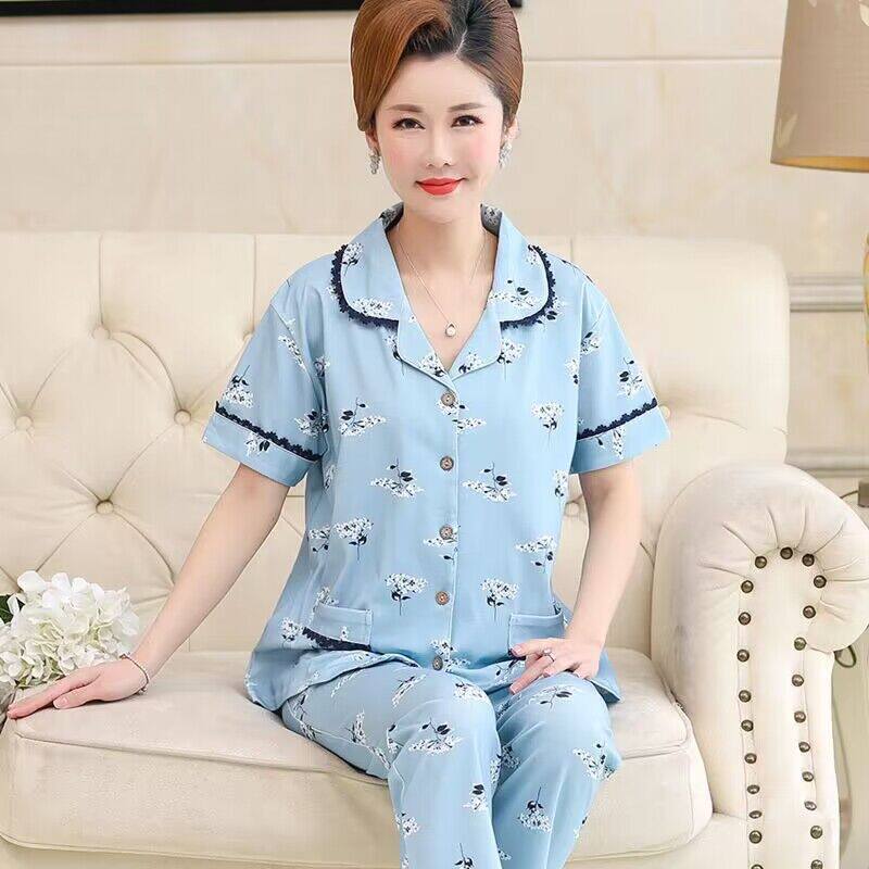 睡衣妇女夏季100%纯棉薄款短袖长裤加肥中年妈妈款中老年人套装