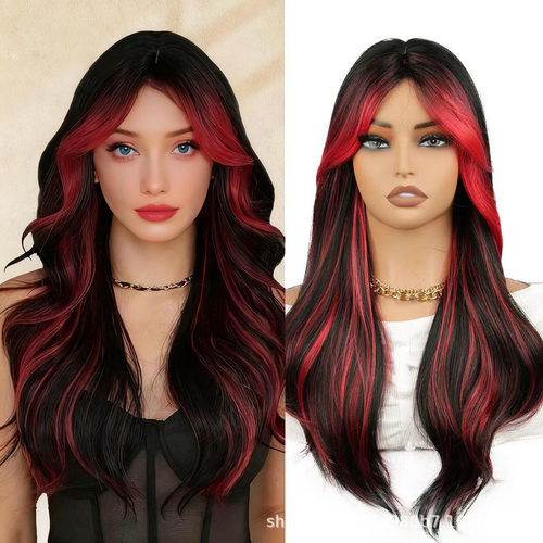 假发女欧美红色挑染渐变时尚大波浪长卷发高温丝头套