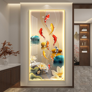 九鱼图入户玄关装饰画灯光画鲤鱼莲花画高级感客厅过道背景墙挂画