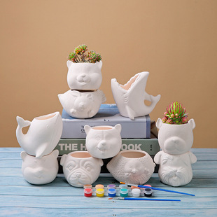 简约儿童DIY素烧卡通动物花盆 亚马逊家庭园艺陶瓷多肉盆栽