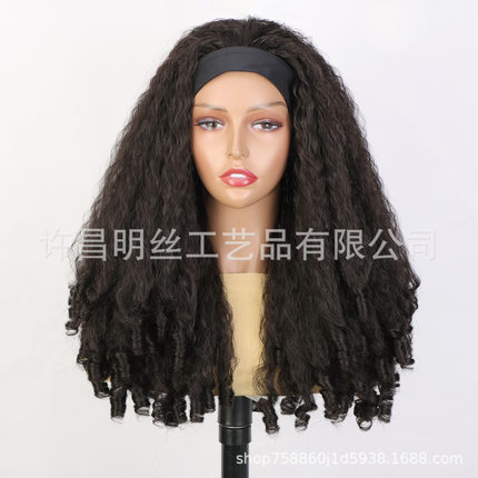 外贸假发yaki headband wigs冰丝发带螺丝卷长卷发女头巾假发头套