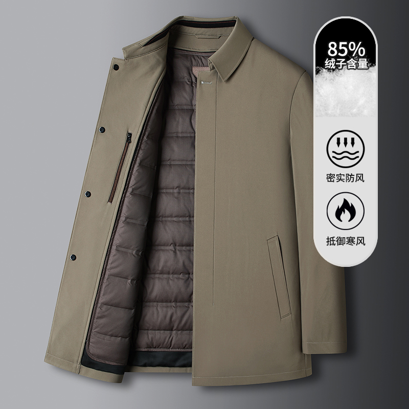 商务翻领中长款活里活面羽绒服