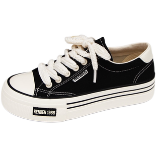 人本红色帆布鞋女2026春季新款厚底运动板鞋百搭学生大红休闲球鞋