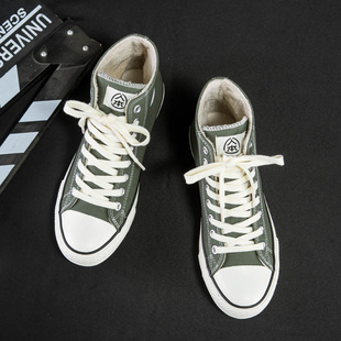 人本冬季加绒帆布鞋男网红男青少年高帮鞋中学生大童加厚保暖棉鞋