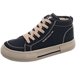 人本厚底高帮帆布鞋女2026春季新款黑色高邦布鞋ins潮休闲运动鞋