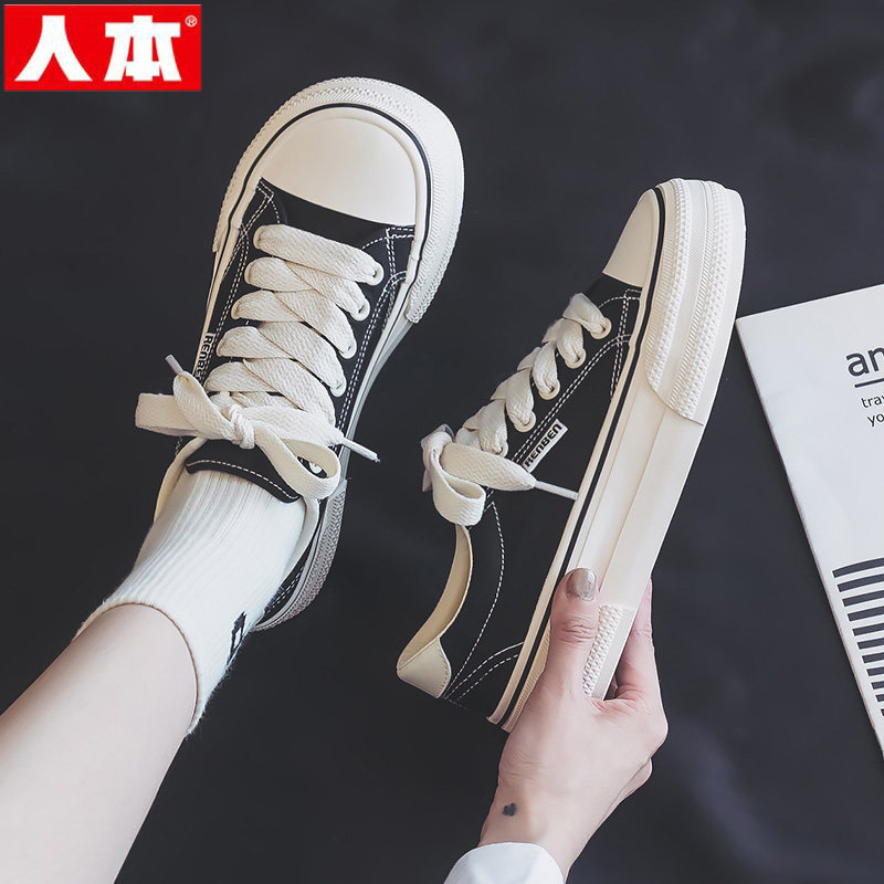 人本厚底帆布鞋女2026春季新款黑色休闲运动板鞋透气百搭学生球鞋